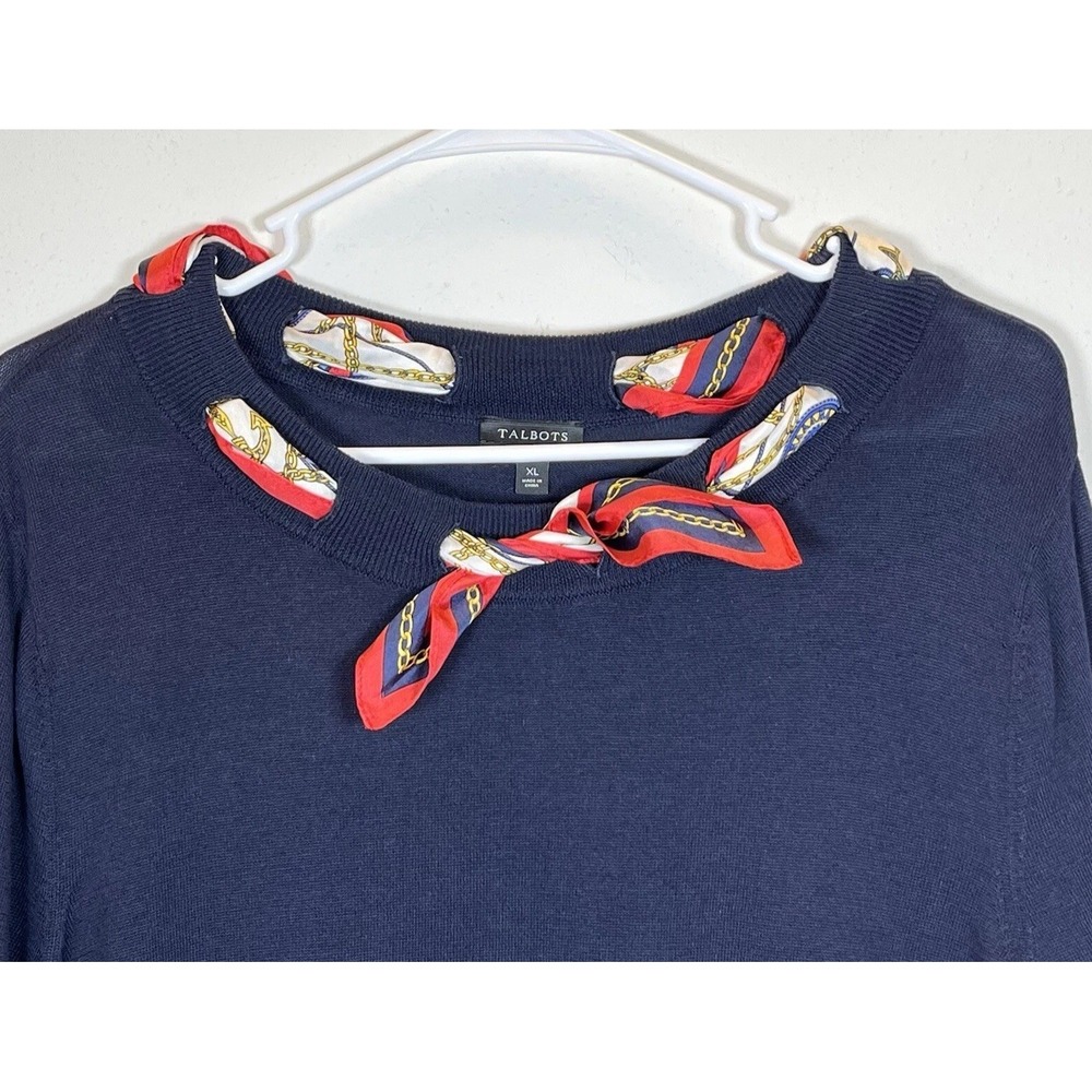 TALBOTS Sweater Womens Sz XL Silk Scarf Classic Navy Blue Cotton Tencel Nautical - Picture 4 of 7